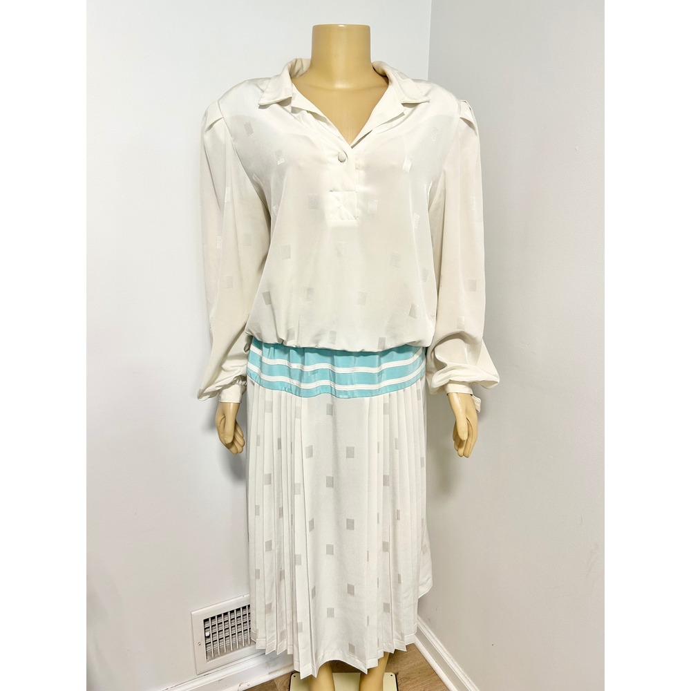 Vintage 70s Mod Jo Hanna York Joan‎ Davis Cream Turquoise Pleated Dress Large